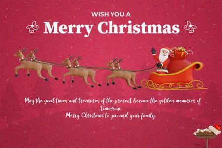 Red Background Christmas Card With Santa Claus And Reindeer