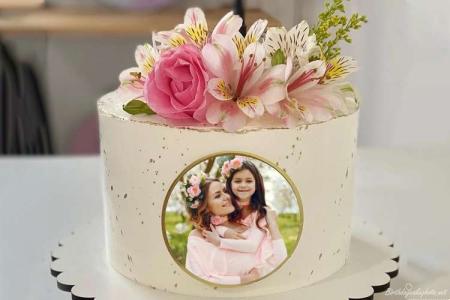 Photo Collage On Pink Lily Birthday Cake