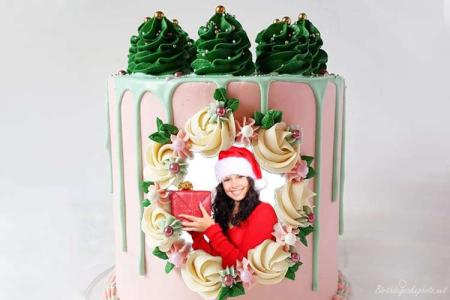 Merry Christmas Cake With Christmas Tree And Photo Frame