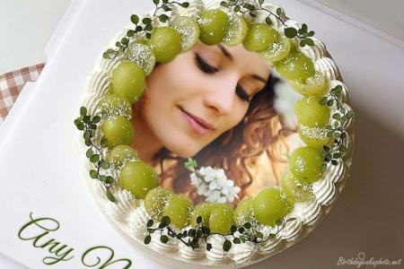 Green Grape Fruit Border Birthday Cake With Photo And Name