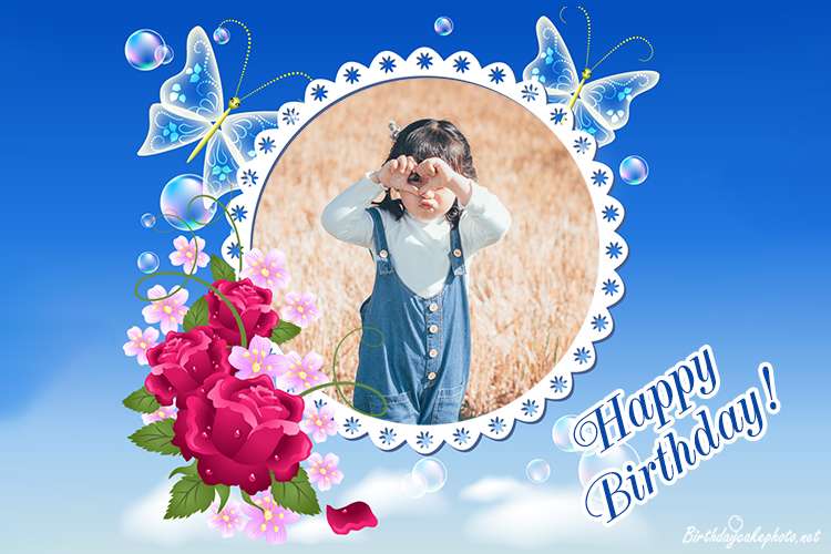 Blue Birthday Photo Frame With Flowers