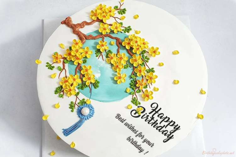 Happy Birthday Cake With Yellow Apricot Flowers With Name Editing