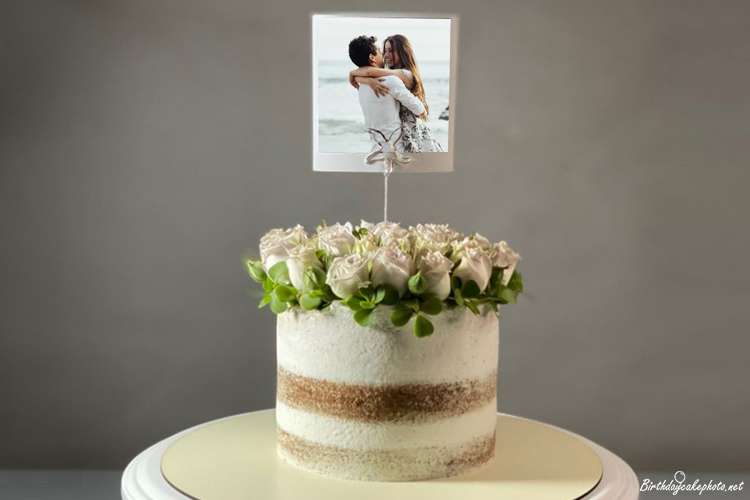 White Rose Wedding Birthday Cake With Couple Photo